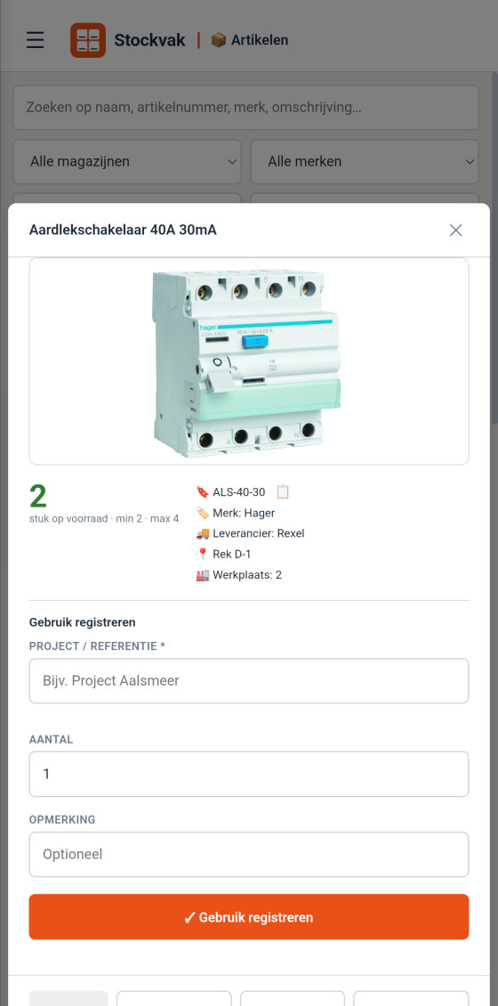 Artikeldetail met verbruik registreren