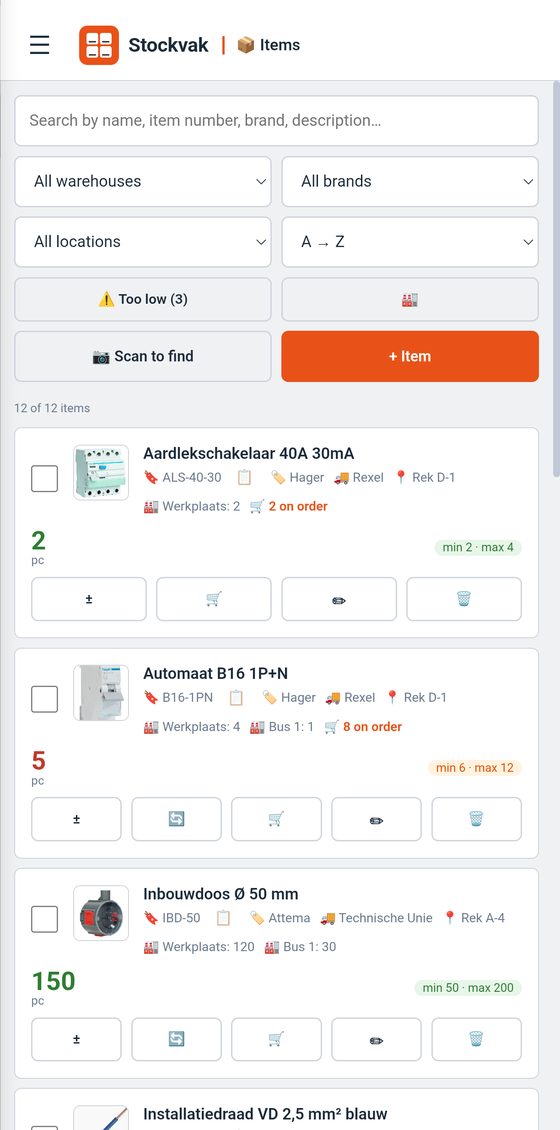Stockvak on a phone: the item list with stock per item
