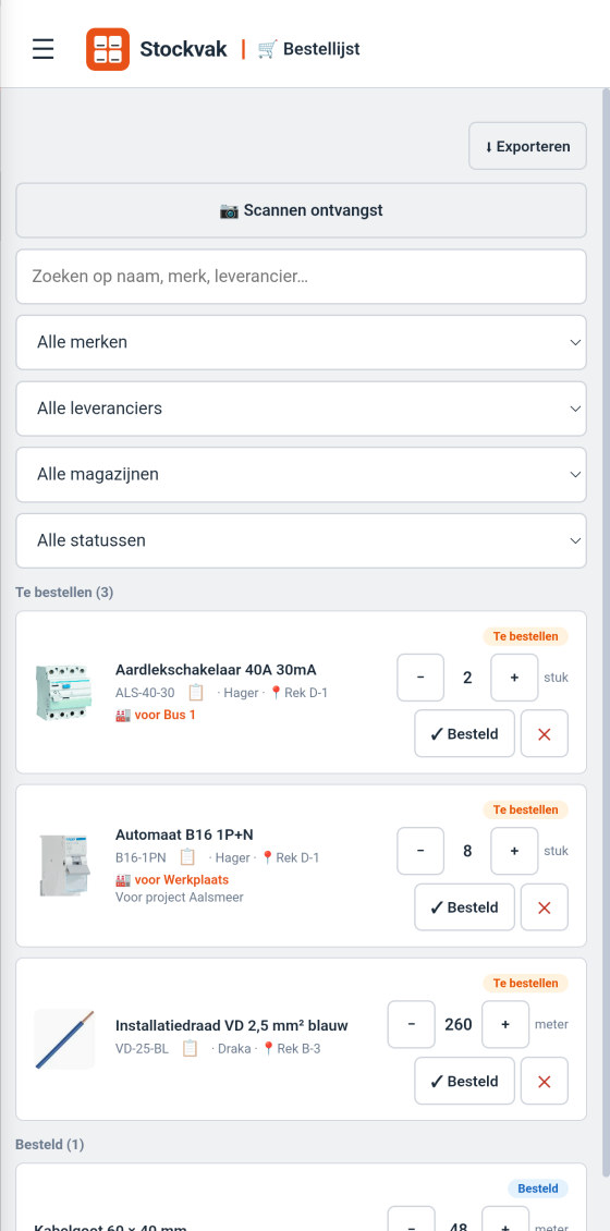 Bestellijst met te bestellen en bestelde artikelen
